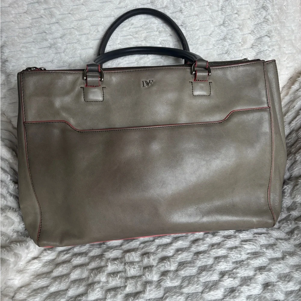 DVF Diane von Furstenberg Gray Taupe Leather Large Tote Red Trim Silver Hardware